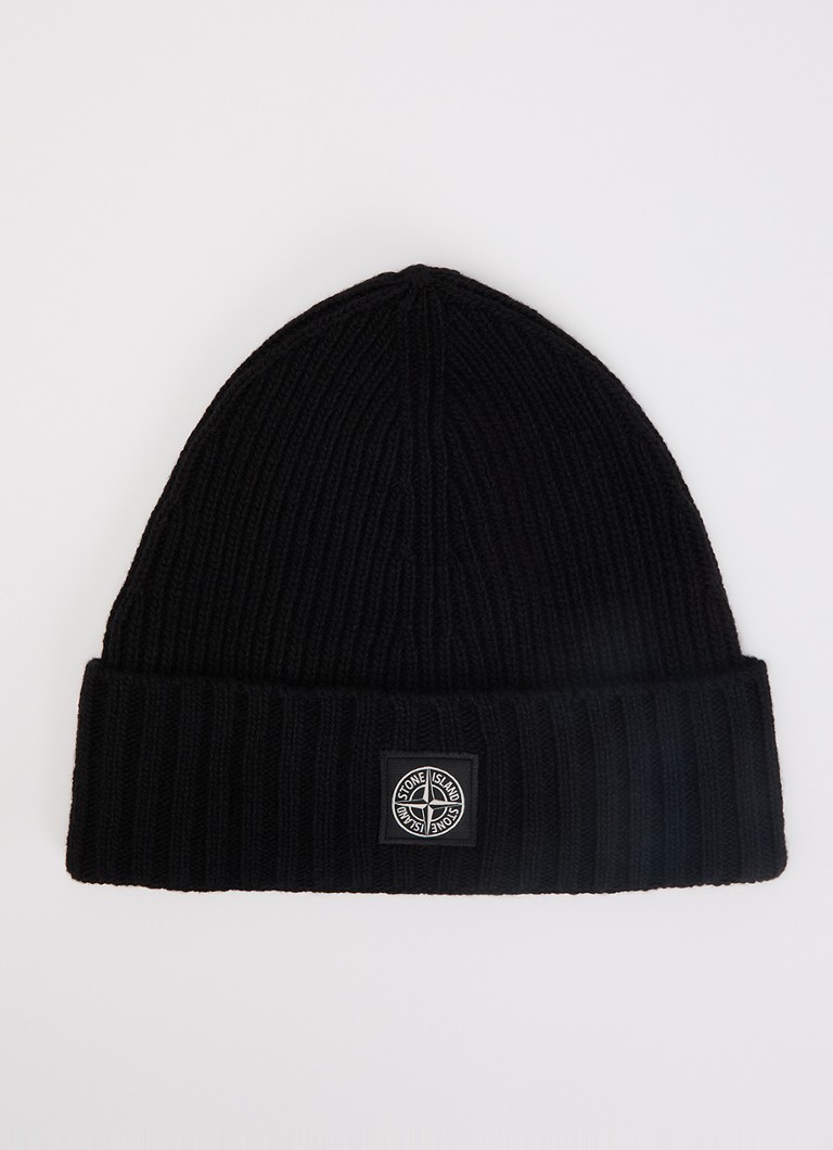 Stone Island Jongens 00001 ribgebreide muts in kasjmierblend met logo in de kleur Zwart, maat: L = 152