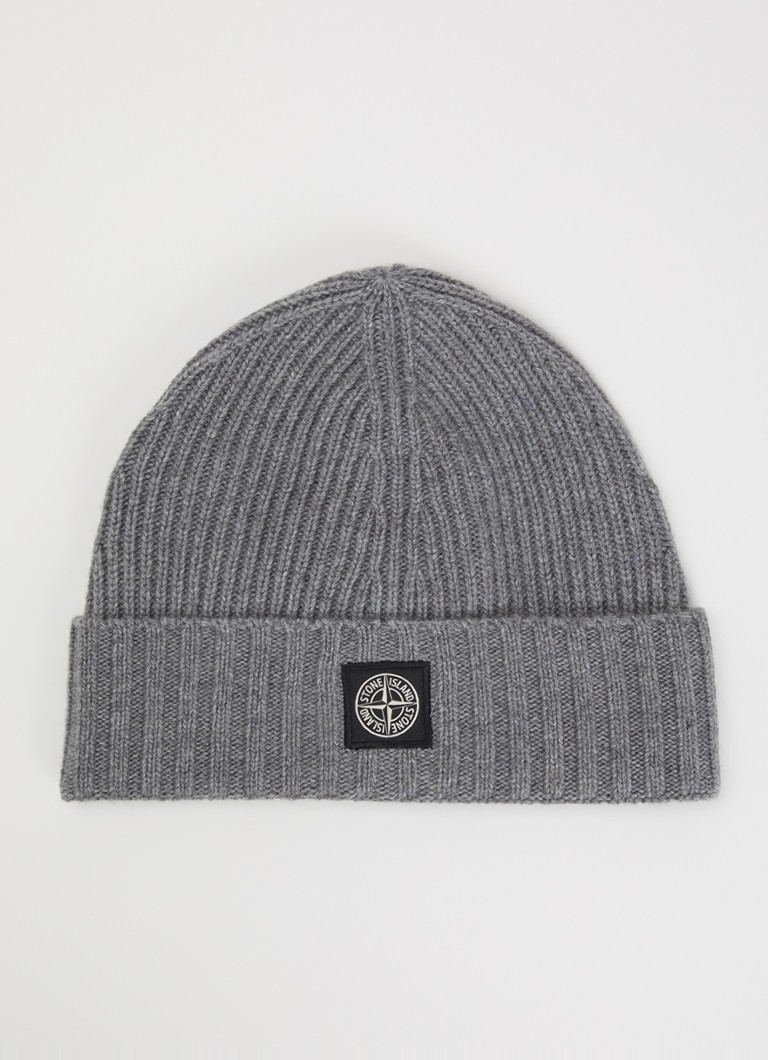 Stone Island Jongens 00001 ribgebreide muts in kasjmierblend met logo in de kleur Grijs, maat: L = 152