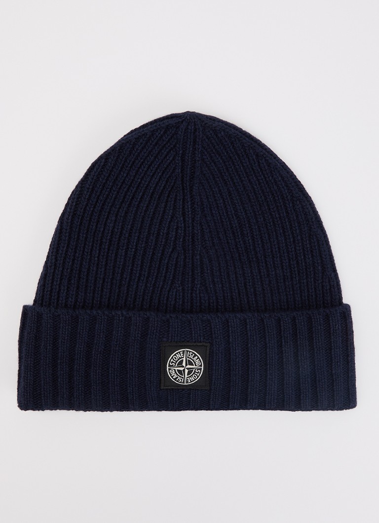 Stone Island Jongens 00001 ribgebreide muts in kasjmierblend met logo in de kleur Donkerblauw, maat: M = 128