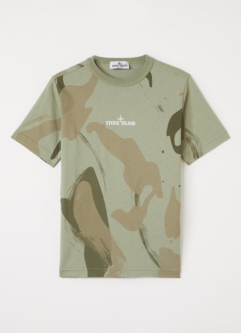 Stone Island Jongens 00004 T-shirt met camouflageprint en logo in de kleur Legergroen, maat: 12J = 152