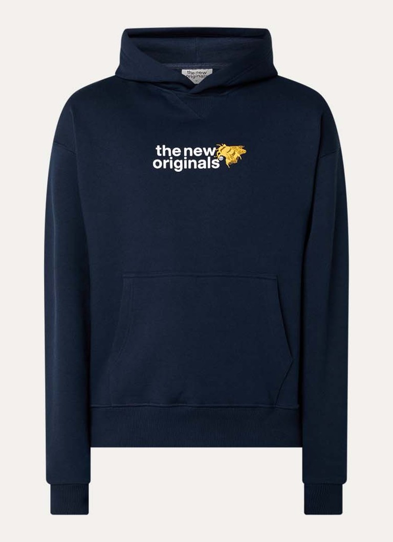 The New Originals Heren Emblem bee hoodie met logo- en backprint in de kleur Donkerblauw, maat: XS