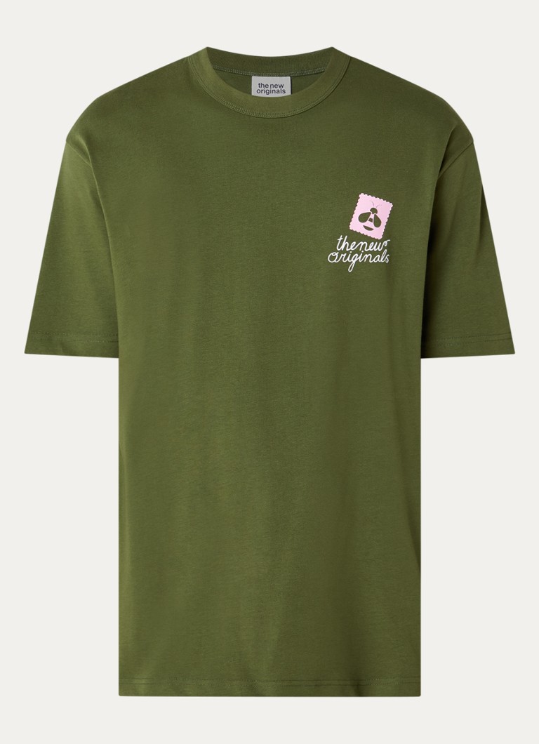 The New Originals Heren Postal Bee T-shirt met front- en backprint in de kleur Legergroen, maat: S