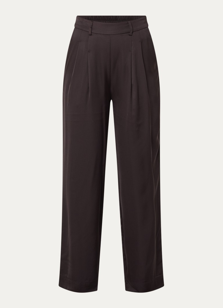 Bruuns Bazaar Dames Zalli high waist straight fit pantalon van satijn met steekzakken in de kleur Donkerbruin