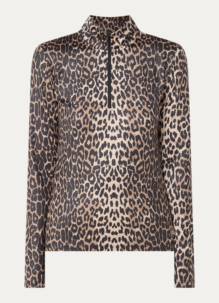 Sofie Schnoor Dames Mallory longsleeve met halve rits en panterprint in de kleur Donkerbeige