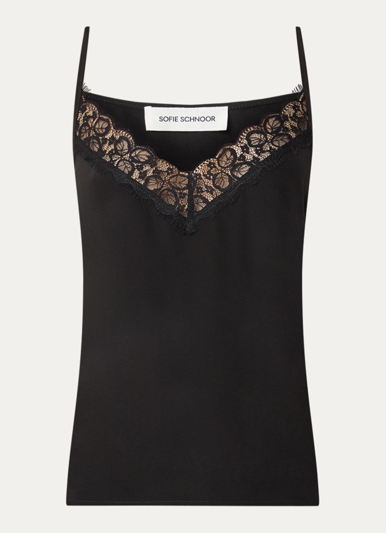 Sofie Schnoor Dames Aggie spaghettitop van zijde met bies van kant in de kleur Zwart