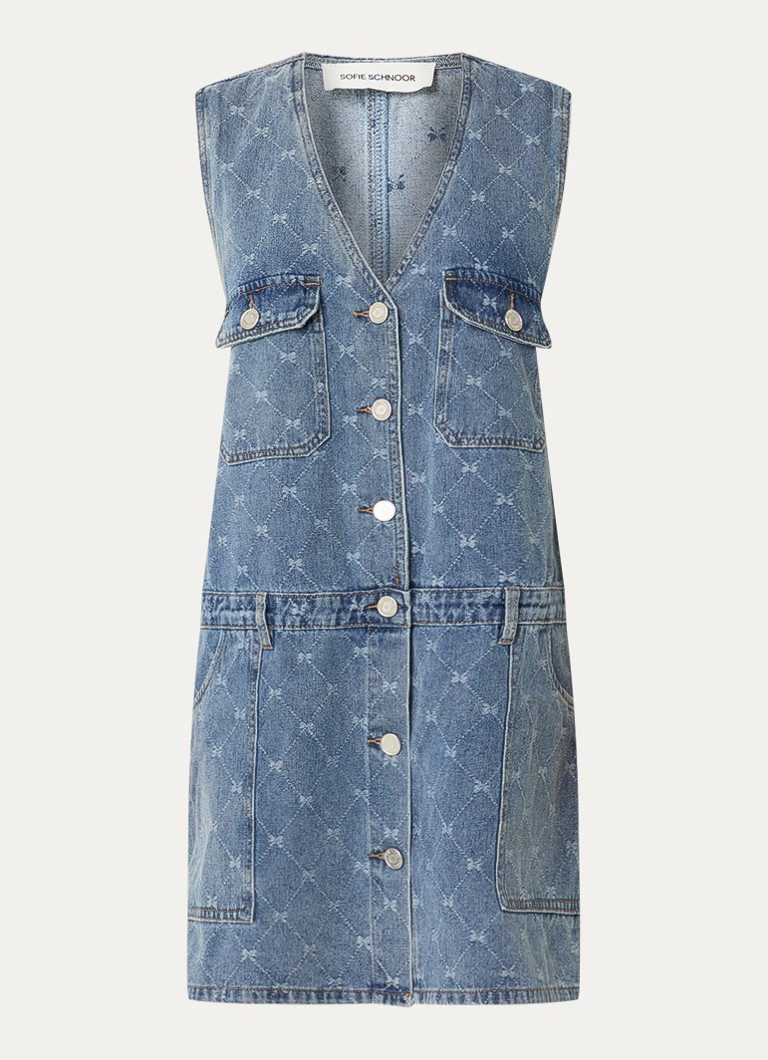 Sofie Schnoor Dames Albertine mini denim jurk met ruitdessin in de kleur Indigo