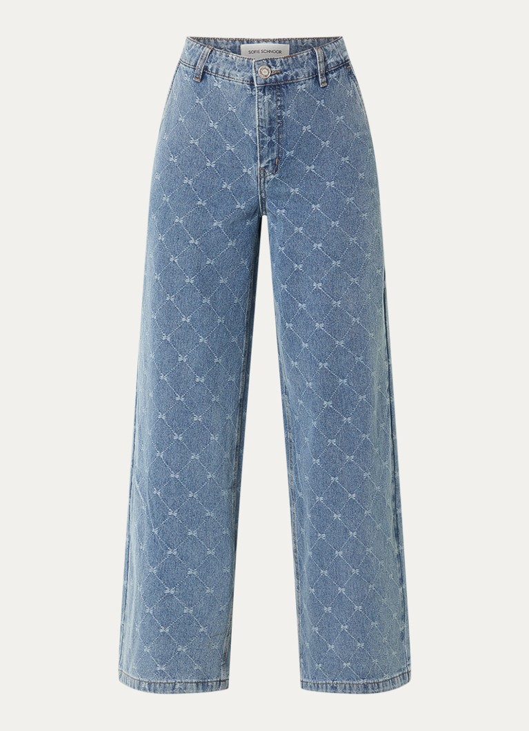 Sofie Schnoor Dames Azzi-low high waist wide leg jeans met lichte wassing en ruitdessin in de kleur Indigo