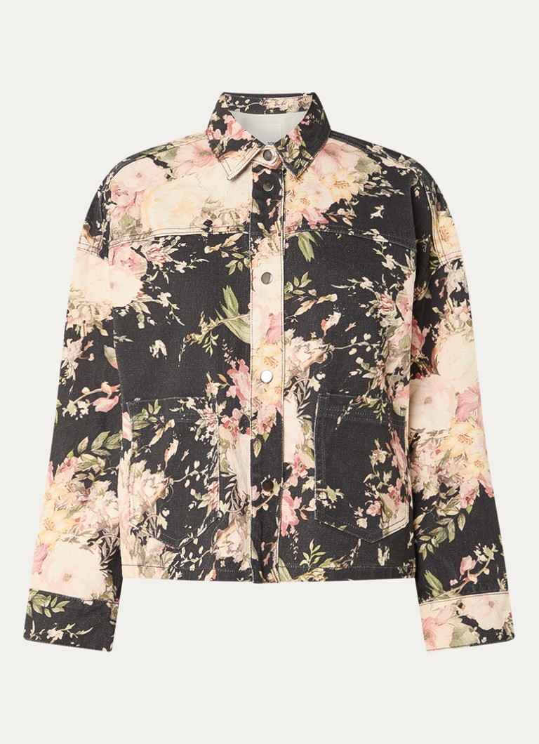 Sofie Schnoor Dames Amaya boxy spijkerjas met opgestikte zakken en bloemenprint in de kleur Zwart