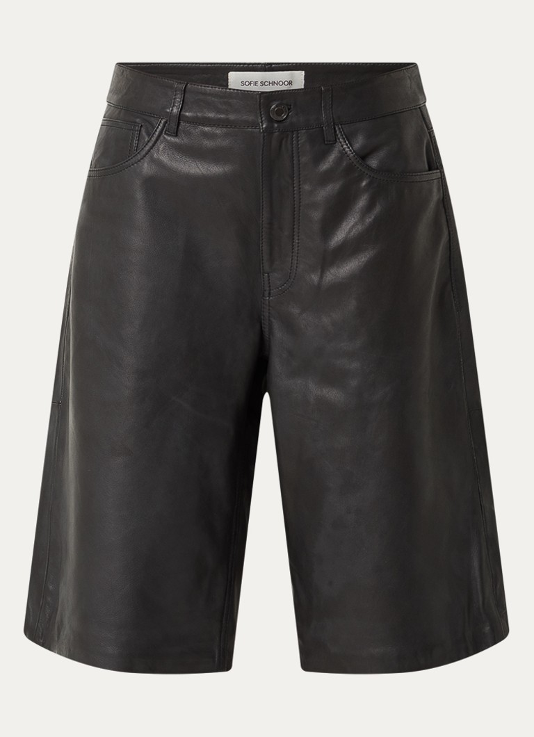 Sofie Schnoor Dames Voke high waist wide leg korte broek van lamsleer in de kleur Zwart