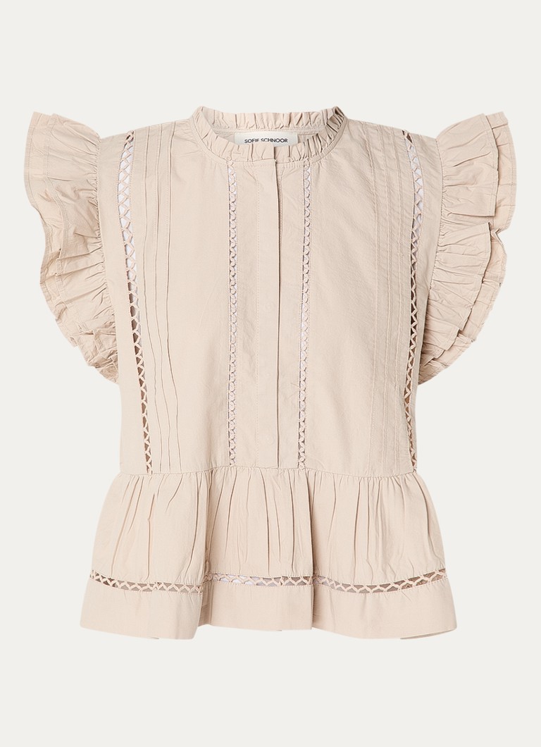 Sofie Schnoor Dames Juliensw top met opengewerkt dessin en volant in de kleur Donkerbeige