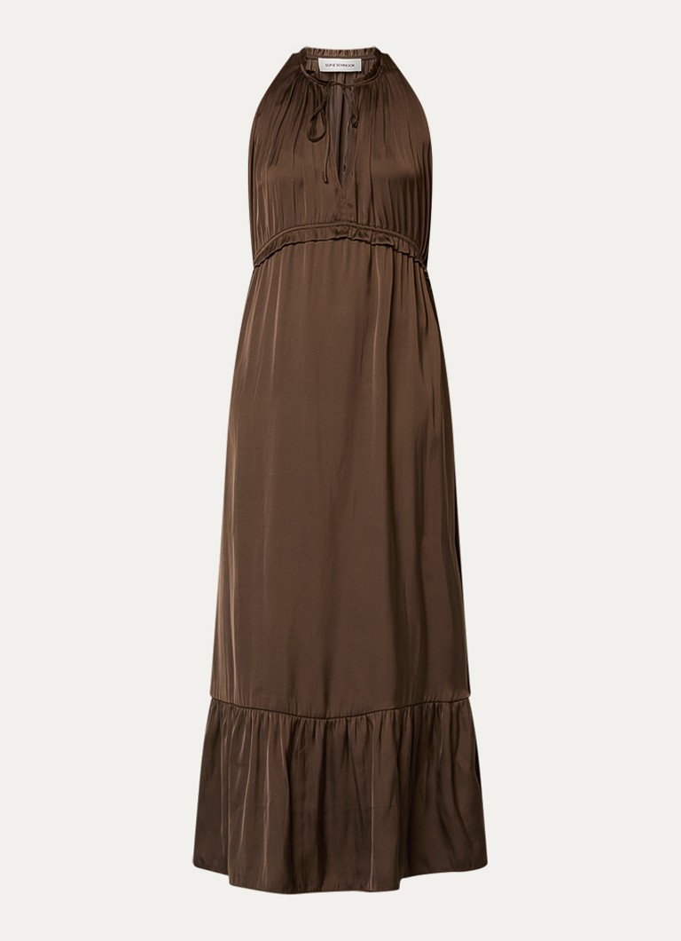 Sofie Schnoor Dames Melsw maxi tuniekjurk van satijn met smockwerk in de kleur Donkerbruin