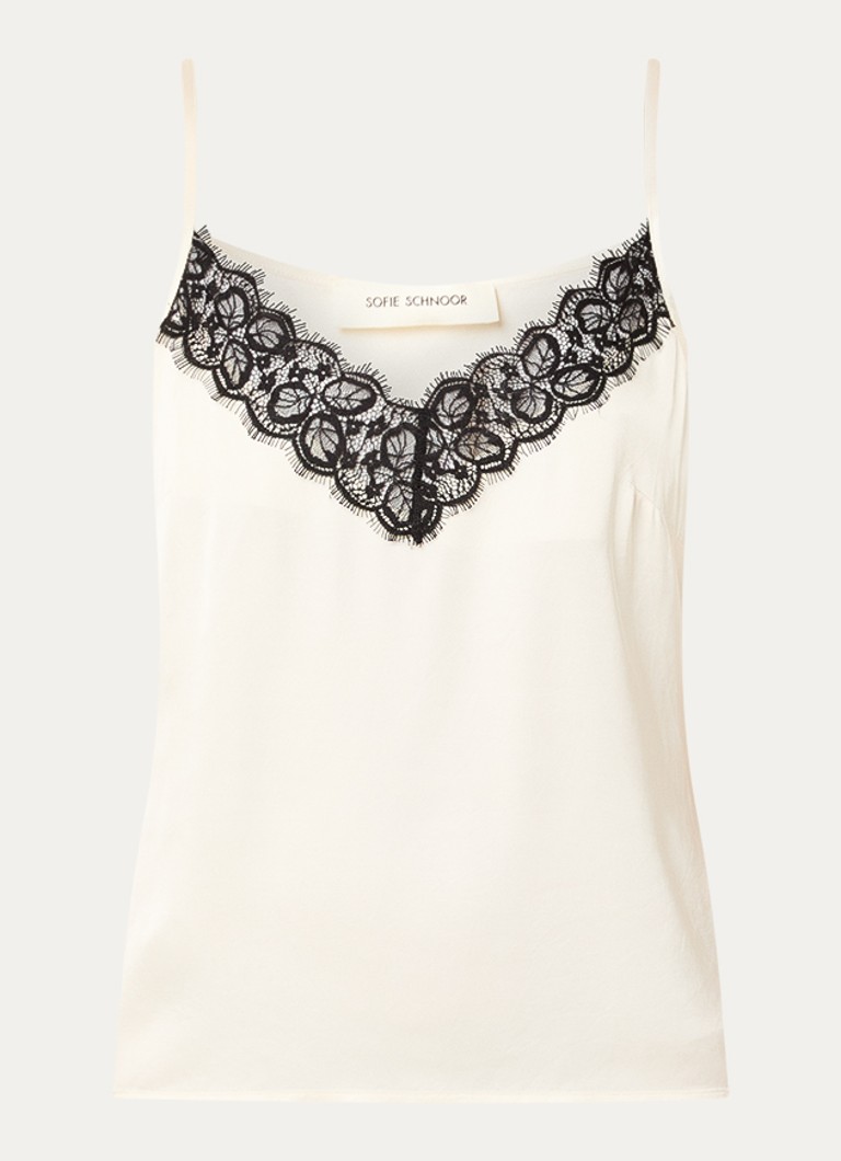 Sofie Schnoor Dames Aggie spaghetti top van satijn met details van kant in de kleur Wit