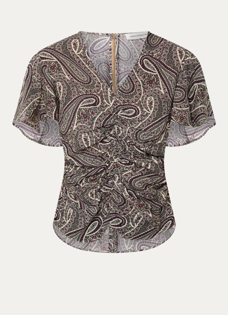 Sofie Schnoor Dames Leelasw top met ruches en paisley dessin in de kleur Middengrijs