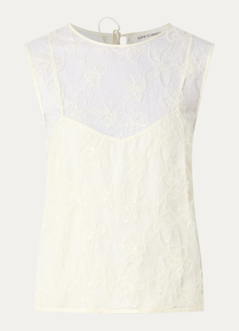 Sofie Schnoor Dames Odessasw semi-transparante top van mesh met pailletten en borduring in de kleur Creme