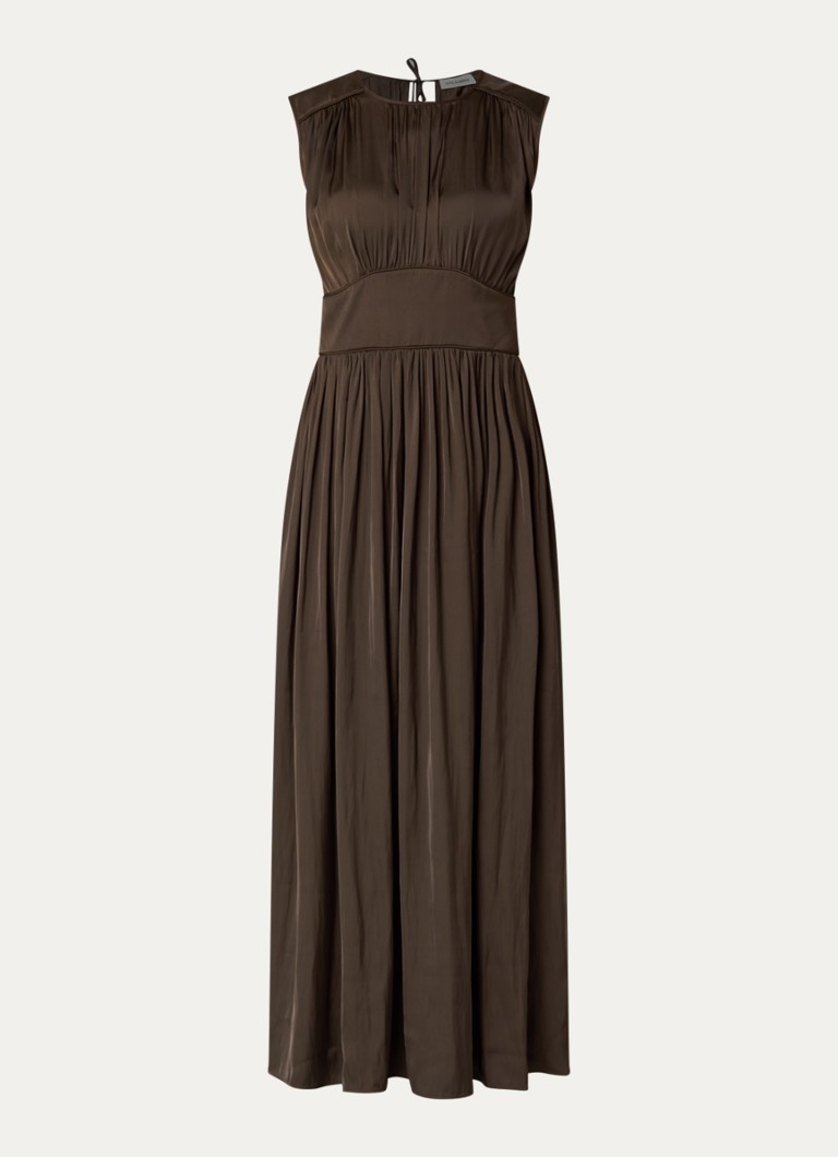 Sofie Schnoor Dames Linsw maxi jurk met plooidetail in de kleur Donkerbruin