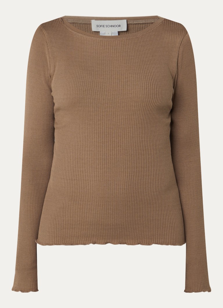 Sofie Schnoor Dames Irisasw longsleeve in zijdeblend met ribstructuur in de kleur Bruin