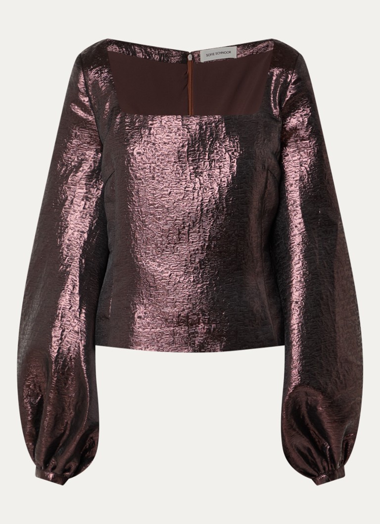 Sofie Schnoor Dames Hokiesw top met ballonmouw en glanzende finish in de kleur Donkerbruin