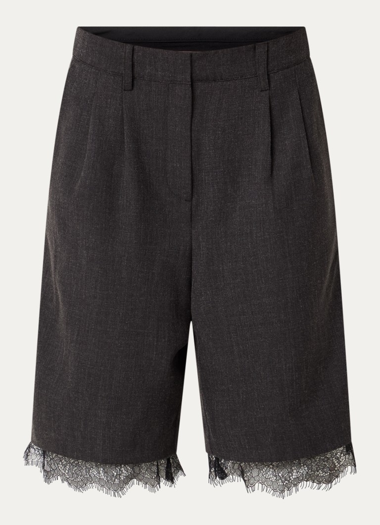 Sofie Schnoor Dames Luciasw high waist wide fit korte broek met details van kant in de kleur Antraciet
