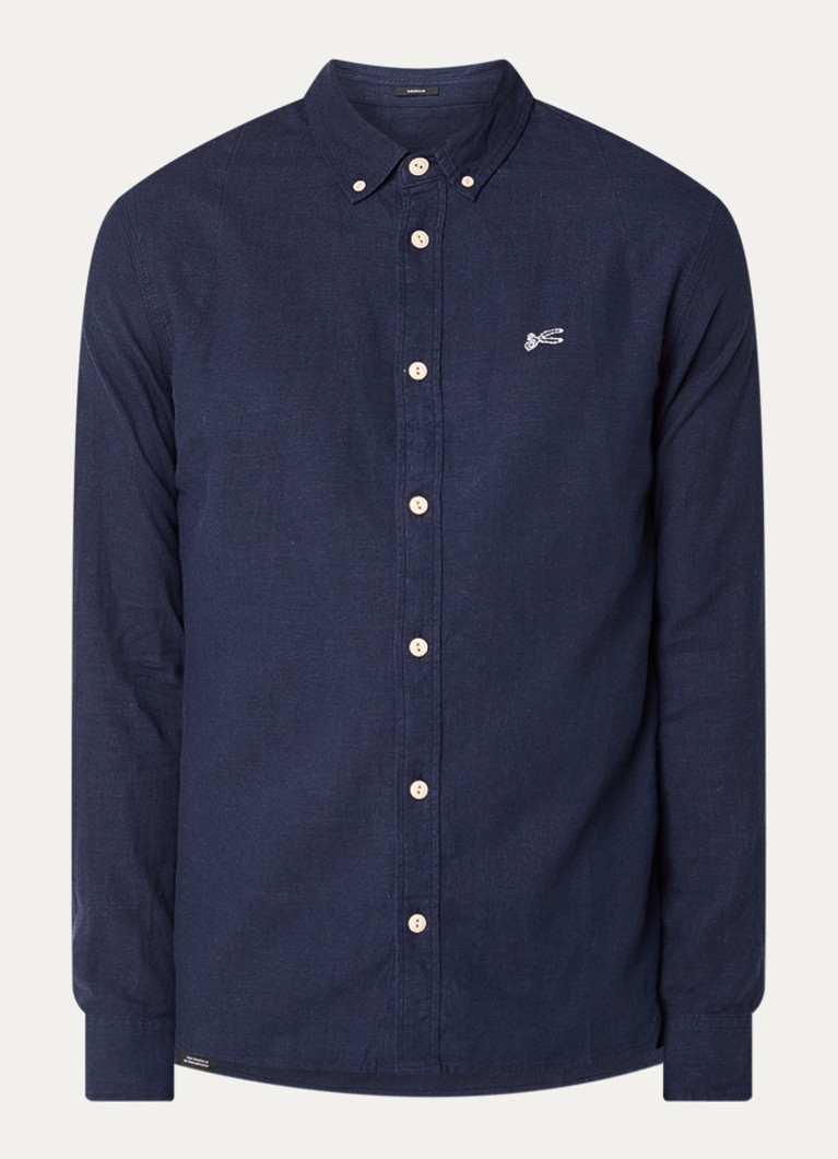 Denham Heren Scissor regular fit overhemd in linnenblend in de kleur Donkerblauw, maat: XL
