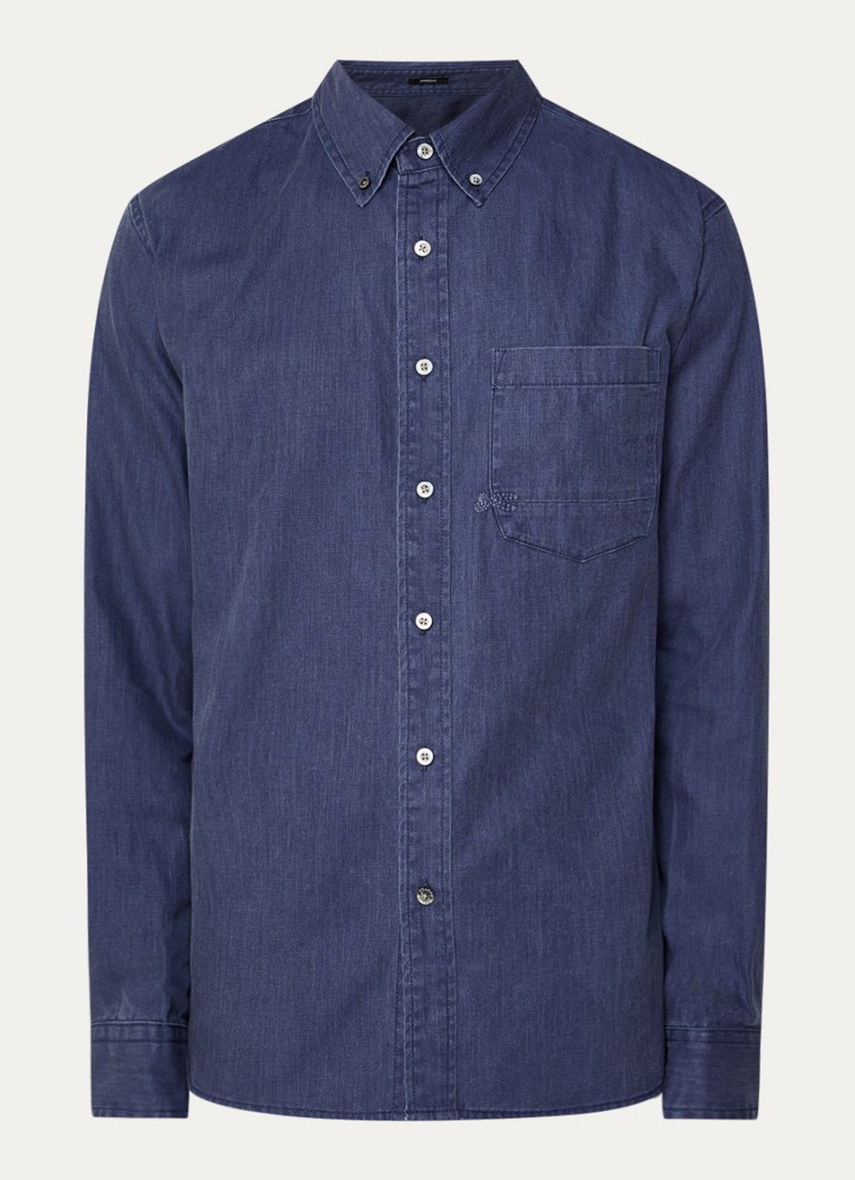 Denham Heren Grid regular fit overhemd met borstzak in de kleur Donkerblauw, maat: XL