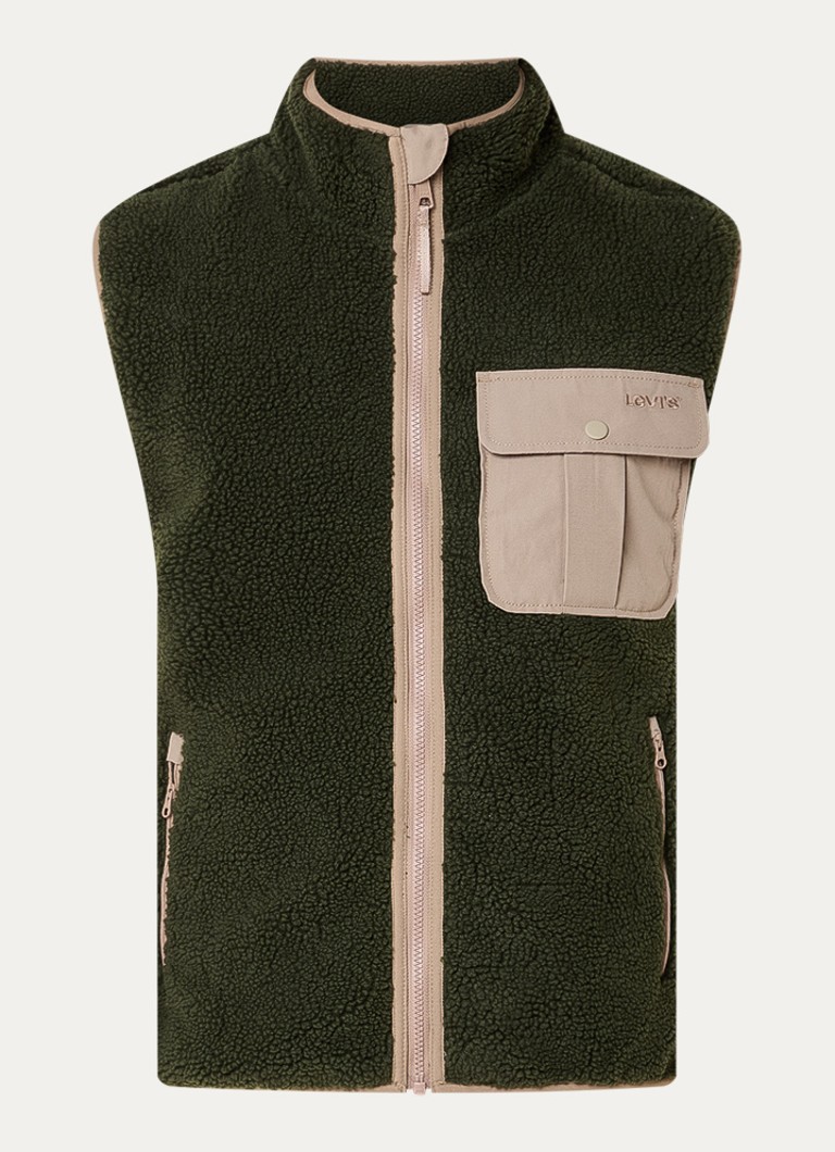 Levi's Heren Joonie Sherpa bodywarmer van teddy met borstzak in de kleur Legergroen