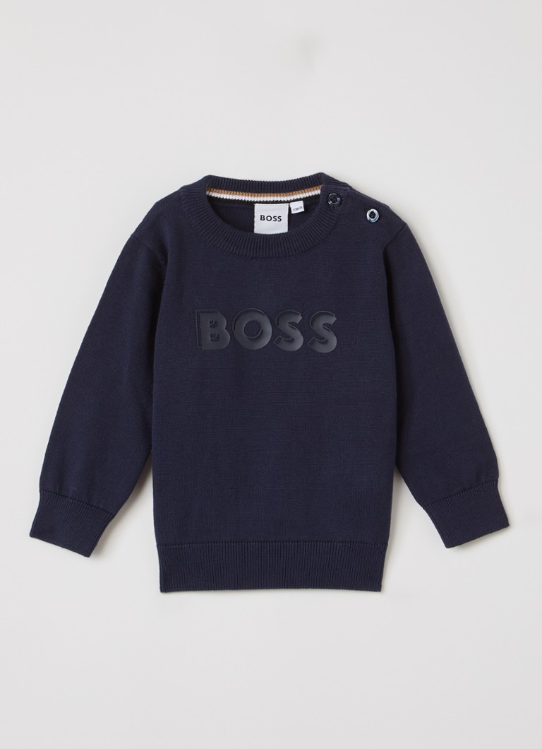 BOSS Jongens Fijngebreide trui met logoprint in de kleur Donkerblauw, maat: 92
