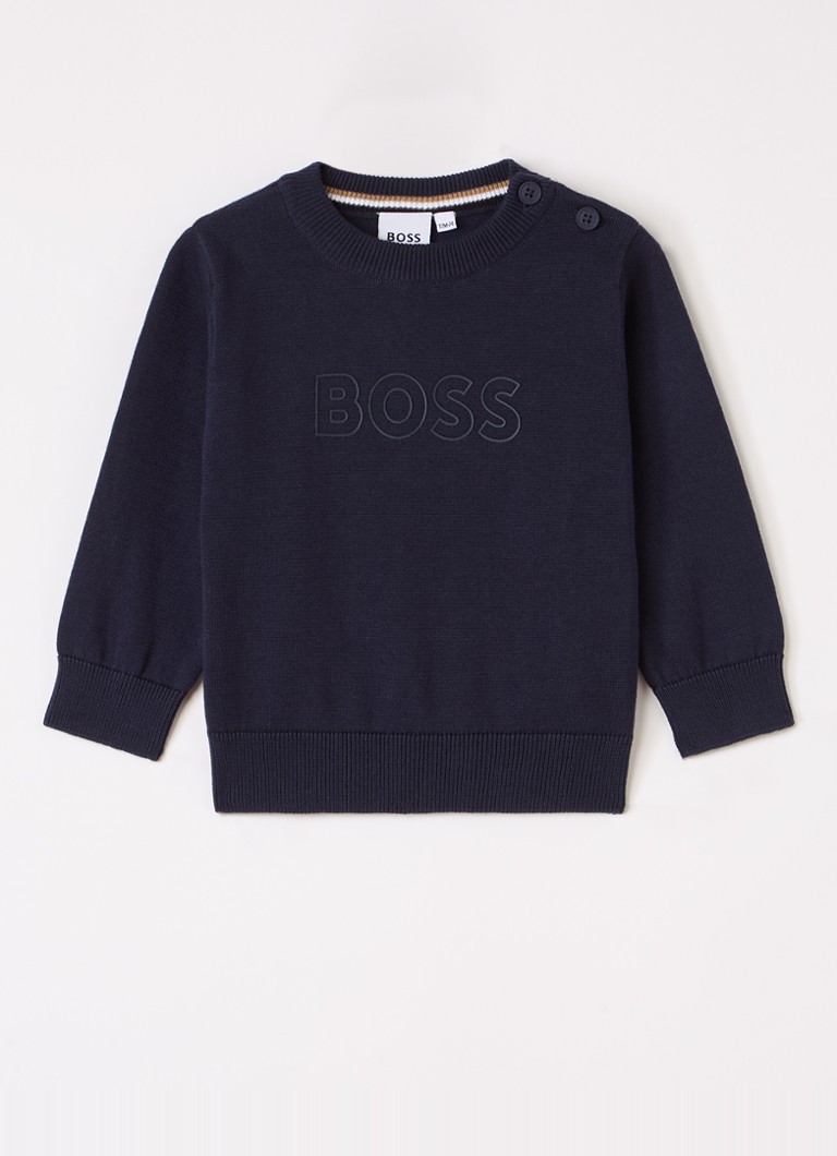 BOSS Jongens Fijngebreide pullover met logo in de kleur Donkerblauw, maat: 80
