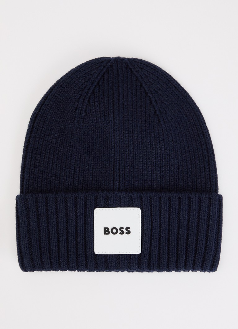 BOSS Jongens Ribgebreide muts met logo in de kleur Donkerblauw, maat: 46