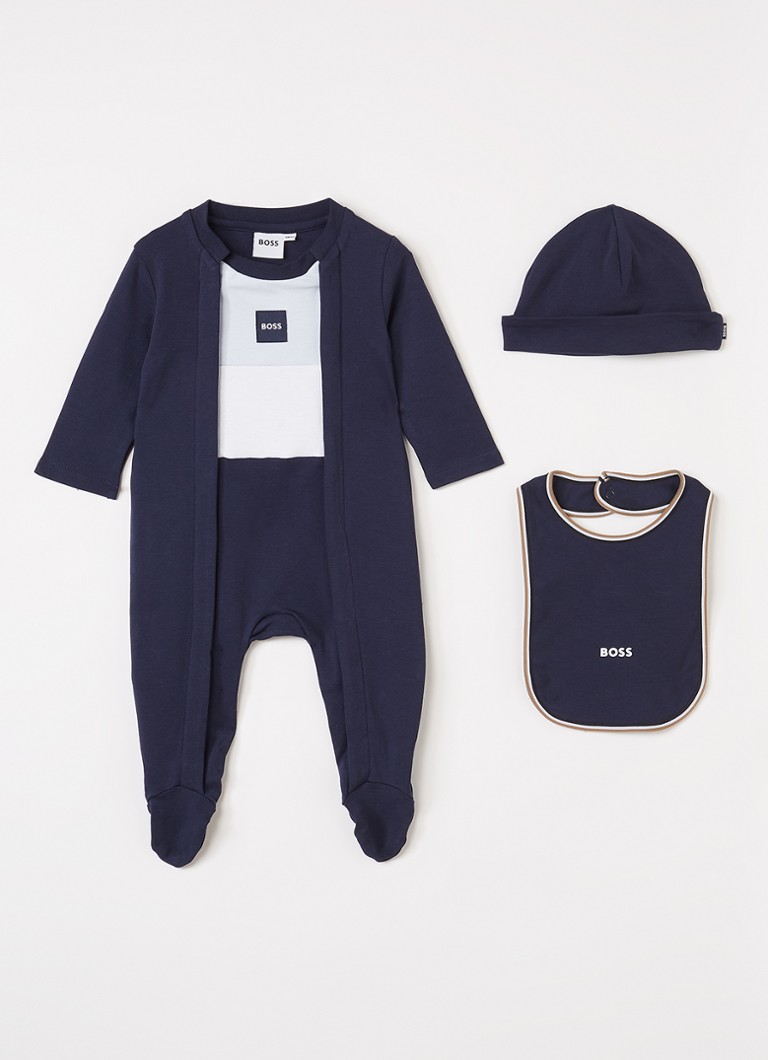 HUGO BOSS Jongens Set van babypak met muts en slab in giftbox 3-delig in de kleur Donkerblauw, maat: 56