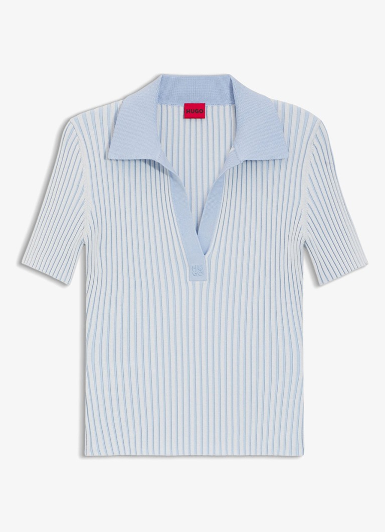 HUGO Dames Sunsyra ribgebreide polo met logoborduring in de kleur Lichtblauw