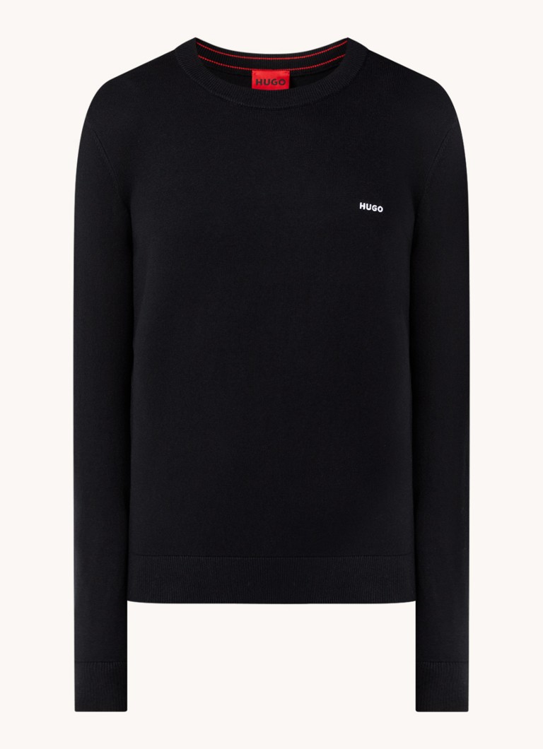 HUGO Heren San Cudo fijngebreide pullover met logoborduring in de kleur Zwart
