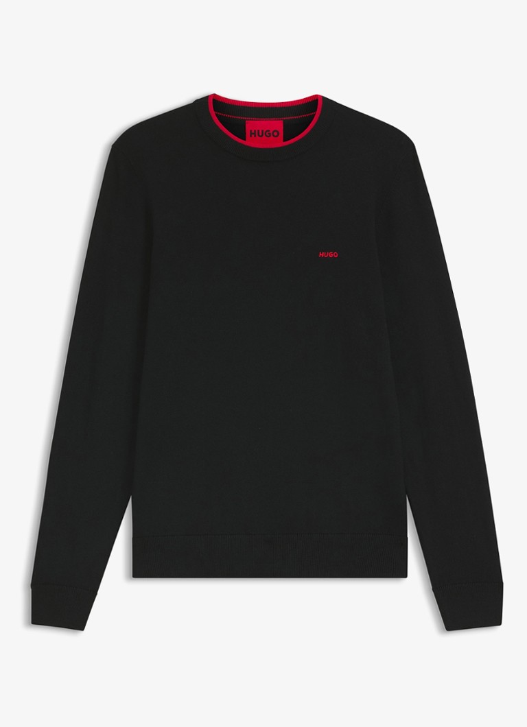 HUGO Heren San Cudo fijngebreide pullover met logoborduring in de kleur Zwart