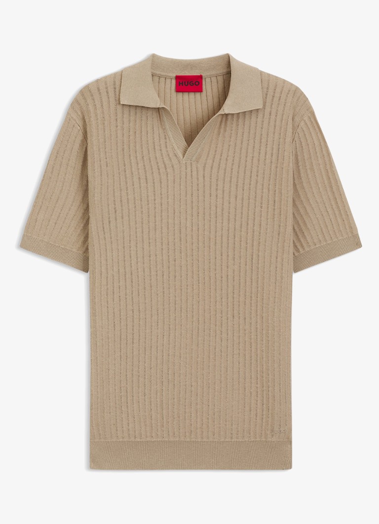 HUGO Heren Ribgebreide polo in katoenblend in de kleur Beige