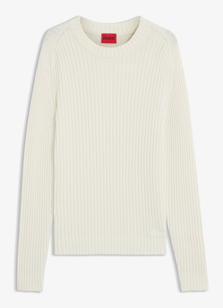 HUGO Heren Grofgebreide trui met logo in de kleur Creme