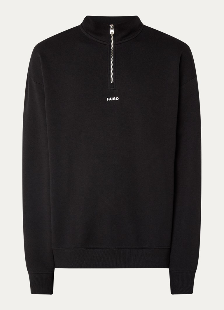 HUGO Heren Sweatshirt van katoenen badstof met logo en ritskraag in de kleur Zwart