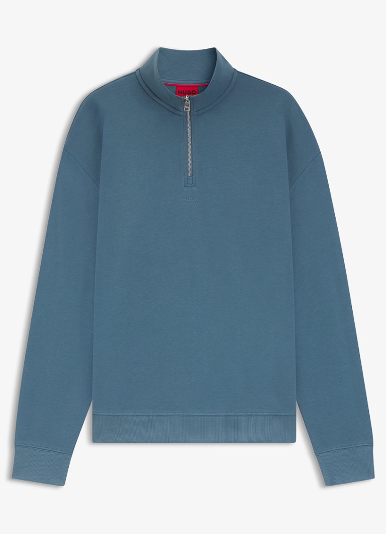 HUGO Heren Sweatshirt van katoenen badstof met logo en ritskraag in de kleur Staalblauw