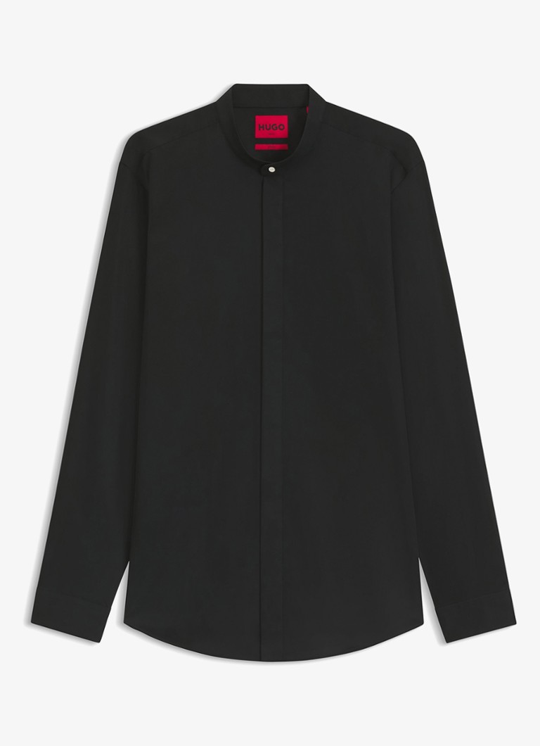 HUGO Heren Slim-fit overhemd van stretchkatoen met opstaande kraag in de kleur Zwart