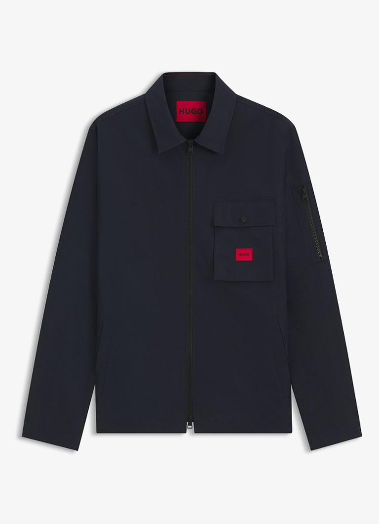 HUGO Heren Overshirt van canvas en een katoenmix met ritssluiting en logolabel in de kleur Dark Blue-405 / Blauw