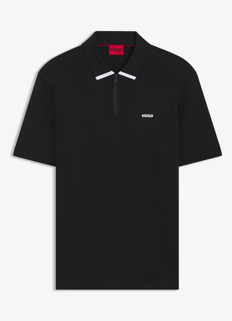 HUGO Heren Polo van katoenpiqué met contrastlogo in de kleur Black-001 / Zwart