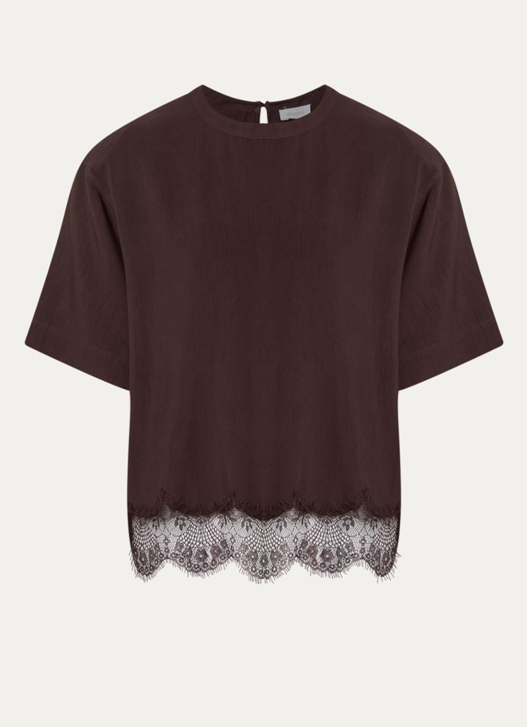 Alchemist Dames Fia T-shirt met schoudervulling en details van kant in de kleur Chocoladebruin
