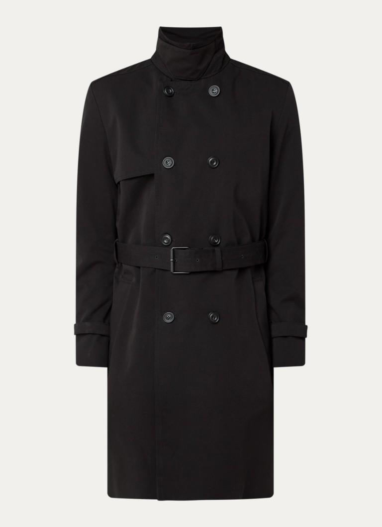 HUGO Heren Maluks double-breasted trenchcoat met ceintuur in de kleur Zwart