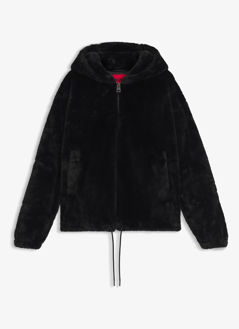 HUGO Heren Oversized jack van imitatiebont met trekkoord en capuchon in de kleur Zwart