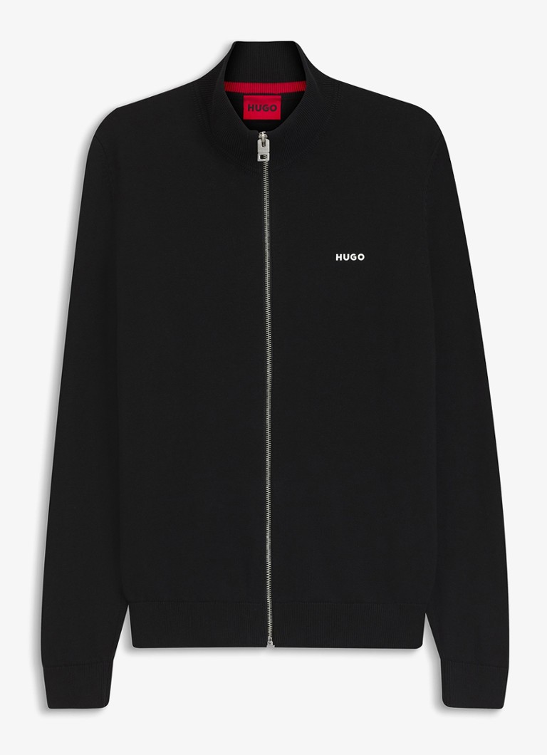 HUGO Heren Fijngebreid jack met logo in de kleur Zwart