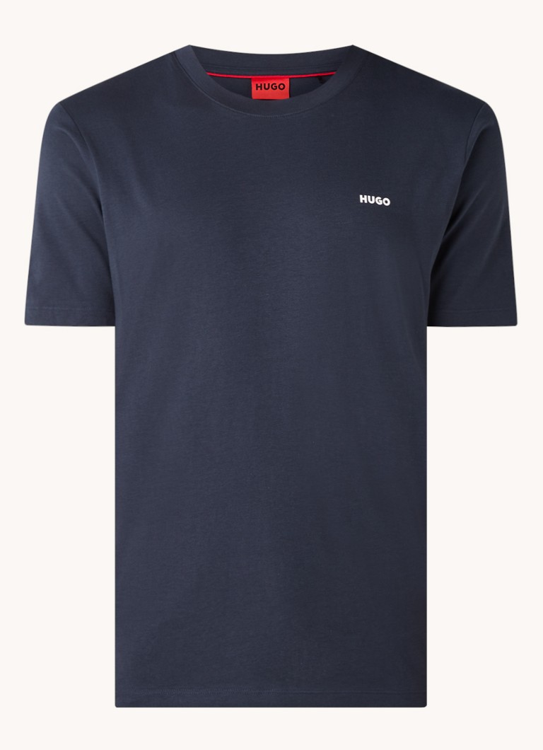 HUGO Heren T-shirt van katoenen jersey met logoprint in de kleur Donkerblauw