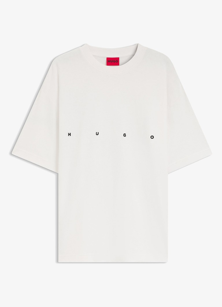 HUGO Heren T-shirt met logo- en backprint in de kleur Creme