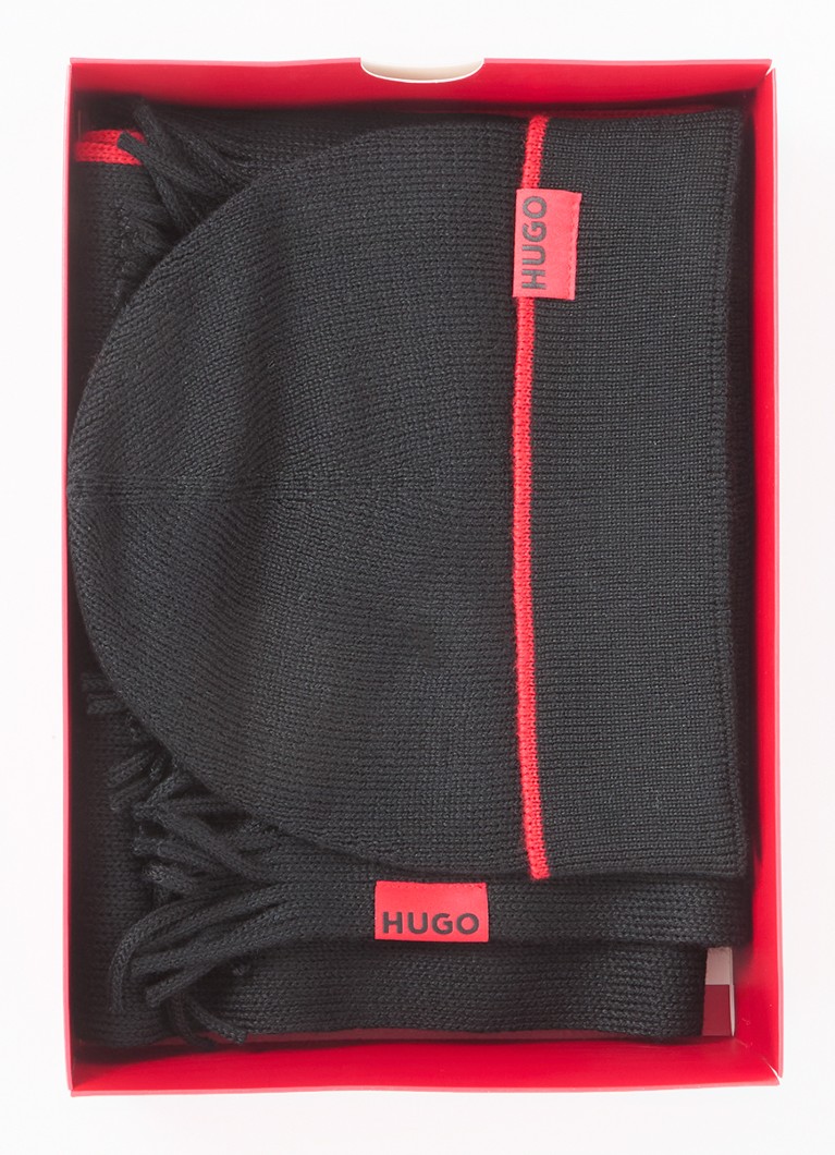 HUGO Heren Fijngebreide muts en sjaal 172 x 23 cm in giftbox in de kleur Zwart