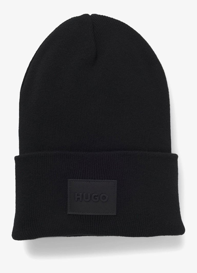 HUGO Heren Xevon fijngebreide muts met logo in de kleur Zwart
