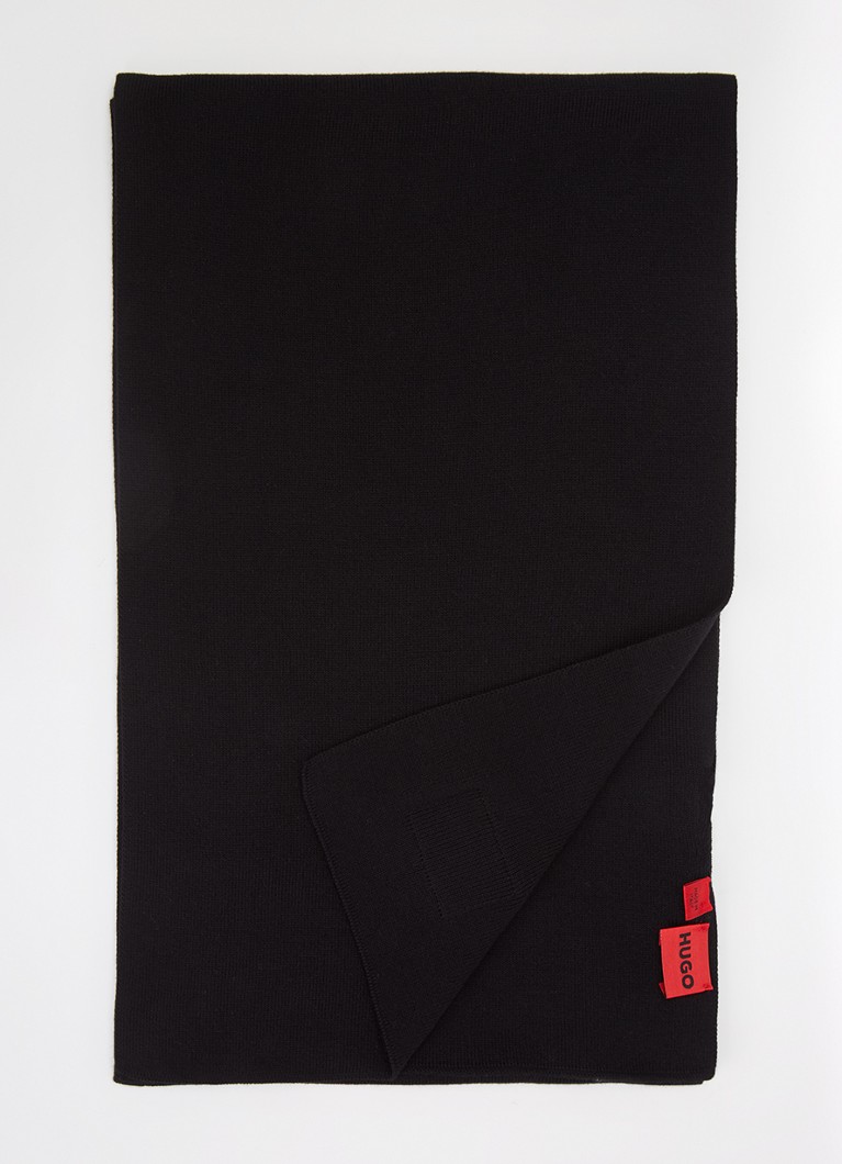 HUGO Heren Fijngebreide sjaal van katoen met logo 180 x 30 cm in de kleur Zwart