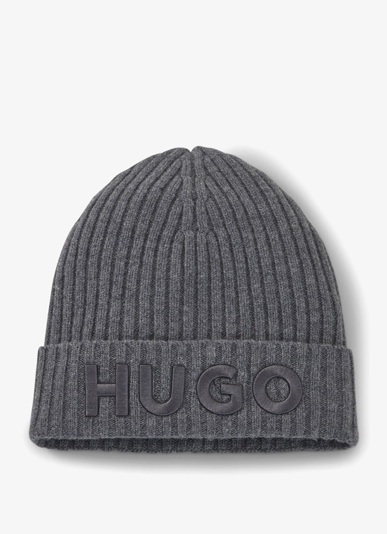 HUGO Heren Ribgebreide muts van wol met logoborduring in de kleur Donkergrijs