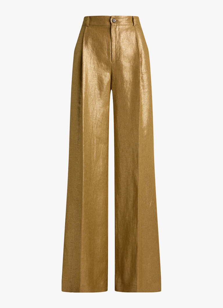 Ralph Lauren Dames High waist wide fit pantalon van linnen met metallic finish in de kleur Brown/Gold Foil / Bruin